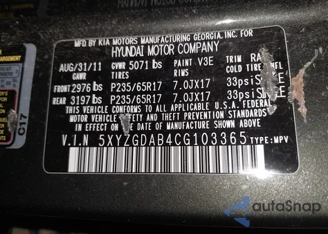 2012 Hyundai Santa Fe Gls z USA, uszkodzony, nr VIN 5XYZGDAB4CG103365